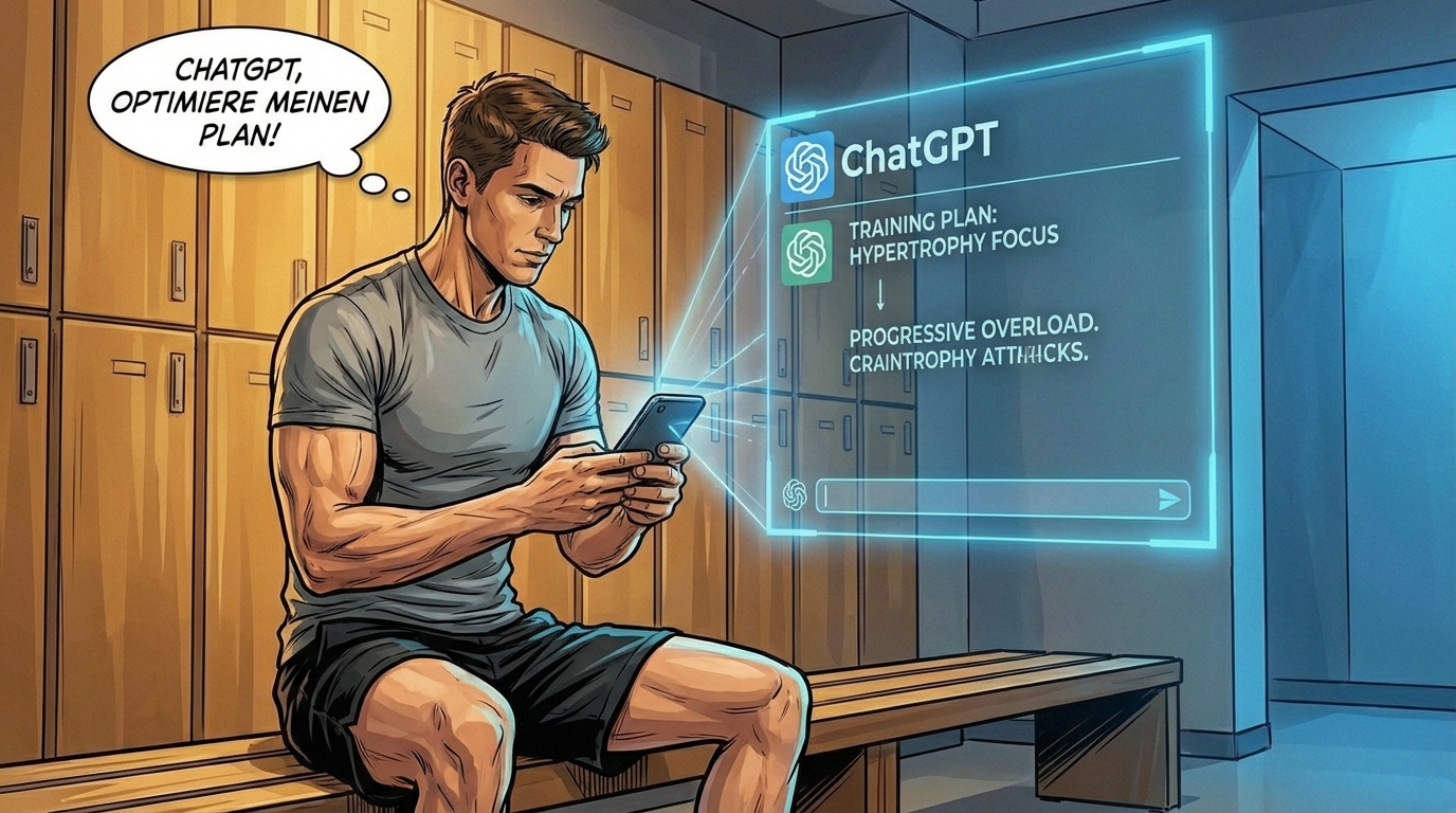 Hombre musculoso sentado en un banco del vestuario mirando su móvil con una interfaz holográfica de entrenamiento de ChatGPT.