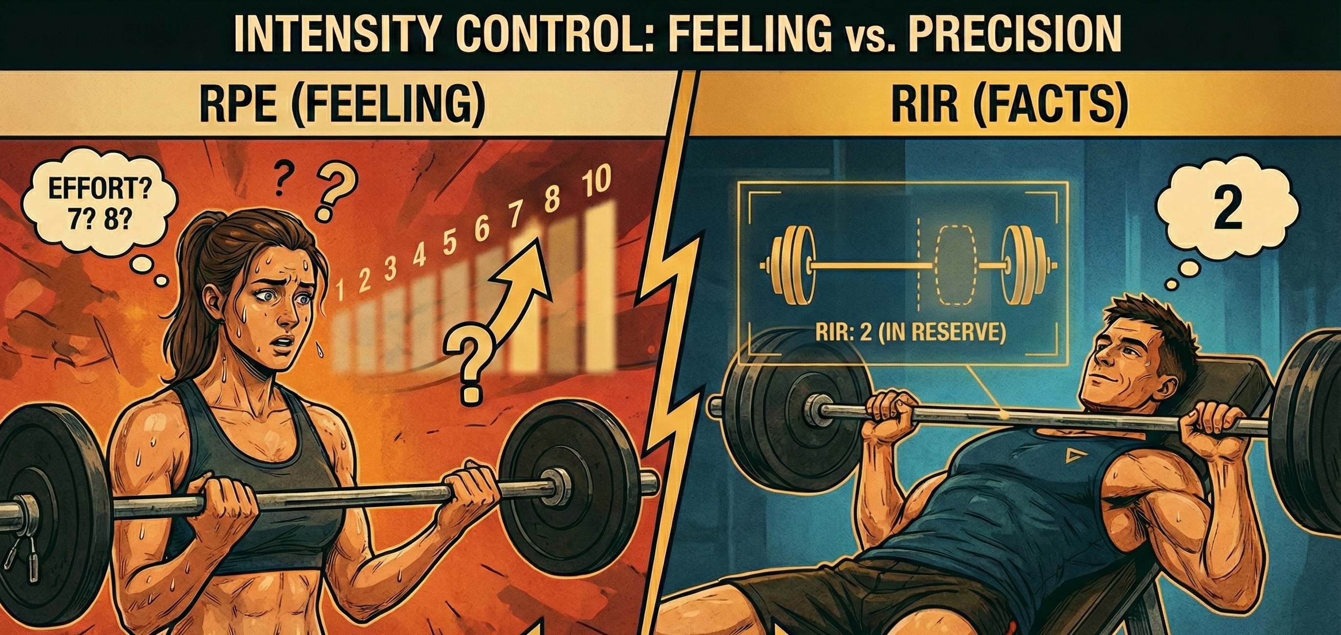 Comic illustration of athletes comparing RPE vs RIR for precise intensity tracking using Reps in Reserve in the Coach Milo app.